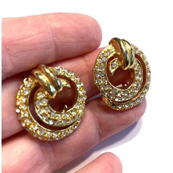 Dressy Vintage Clip On Earrings Gold & Clear White Rhinestone Swirls Chic 90's - Picture 5 of 6